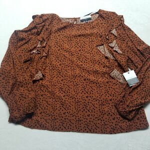 Eloquii 14 Top Graphic Dot Print Ruffles Puff Sleeves Brown Bohemian Cottagecore